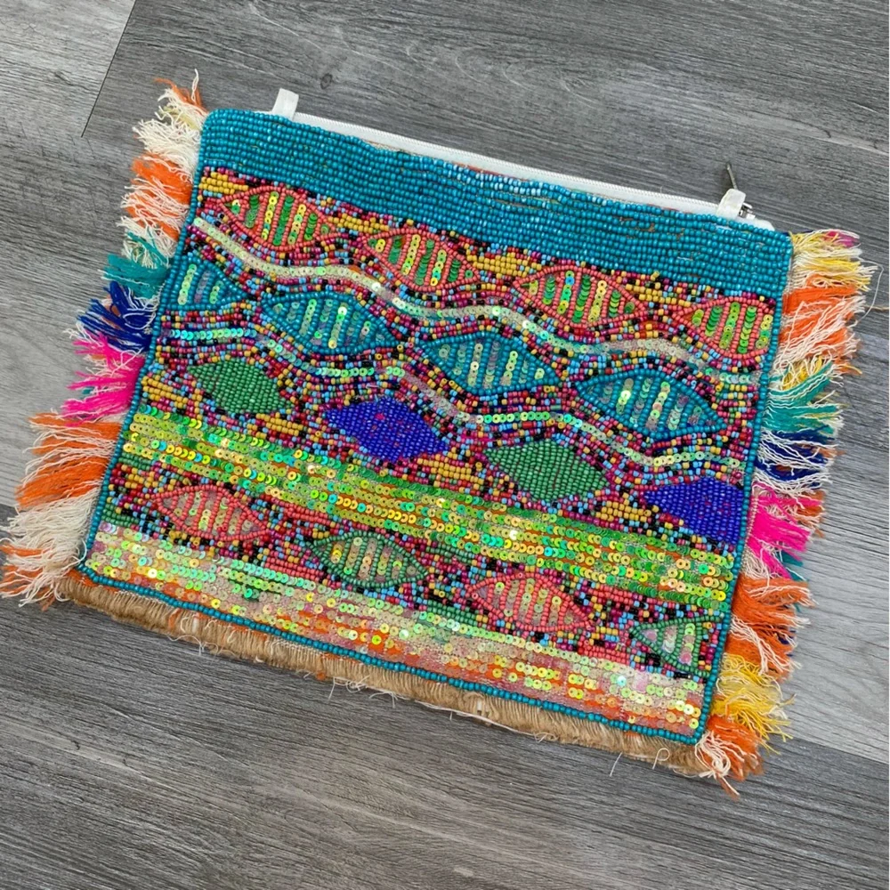 Tommy’s Jolly Peyote Bird Hand Beaded Sequin Colorful Fringe Clutch Bag